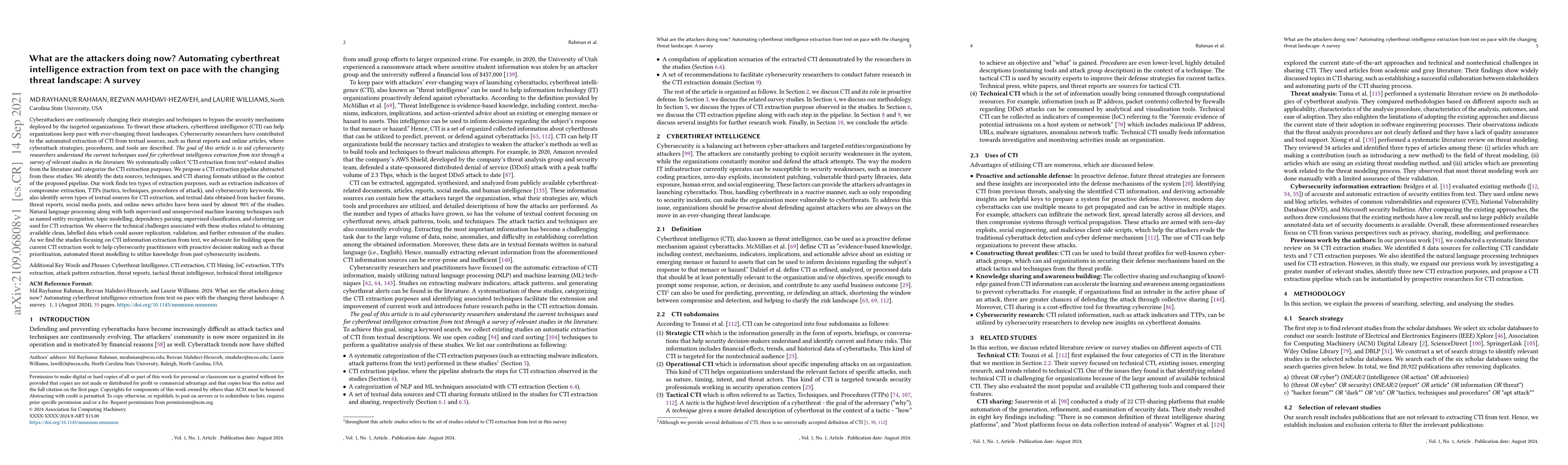 Thumbnail for What are the attackers doing now? Automating cyber threat intelligence
  extraction from text on pace with the changing threat landscape: A survey