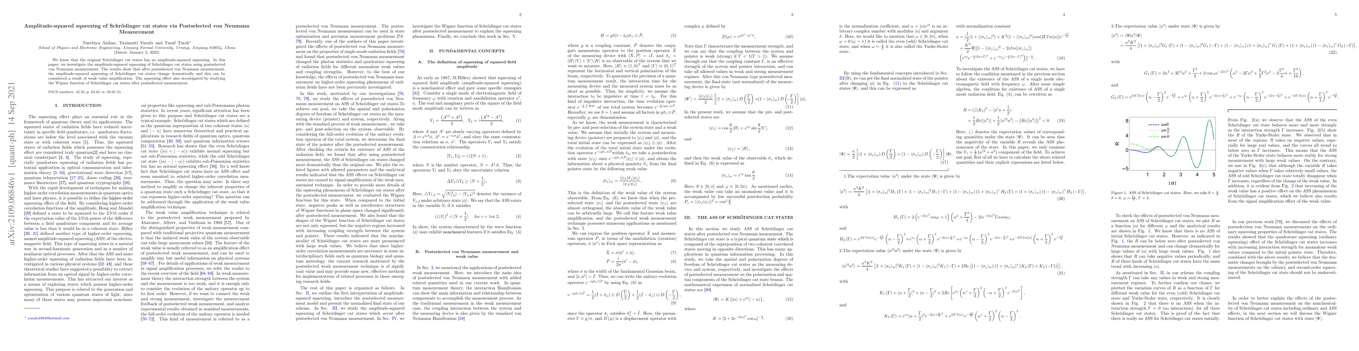 Thumbnail for Amplitude-squared squeezing of Schr\"odinger cat states via Postselected
  von Neumann Measurement