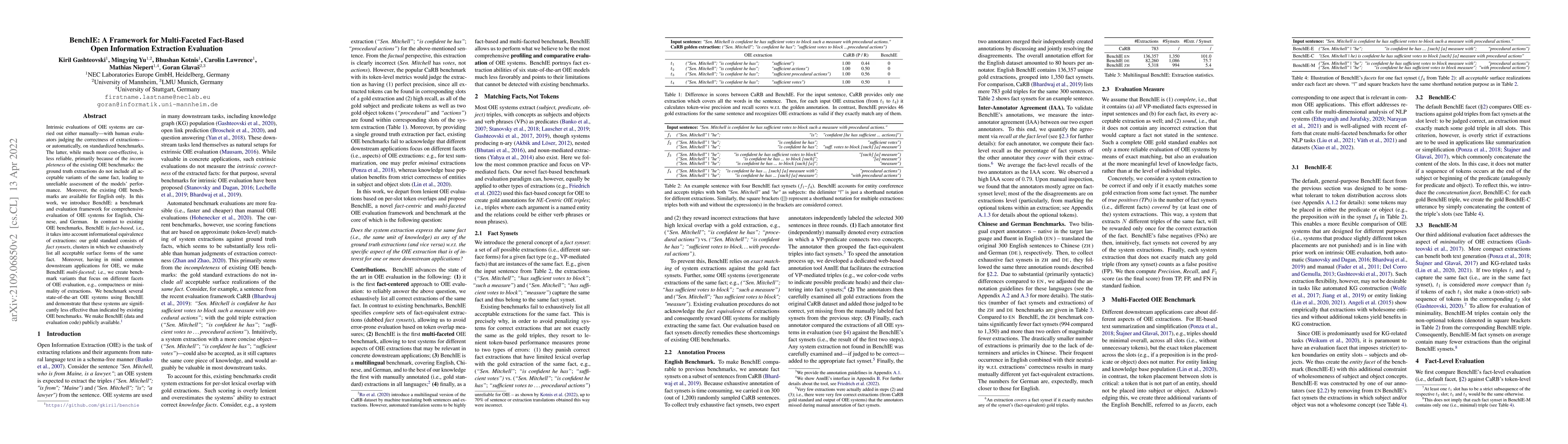 Thumbnail for BenchIE: A Framework for Multi-Faceted Fact-Based Open Information
  Extraction Evaluation