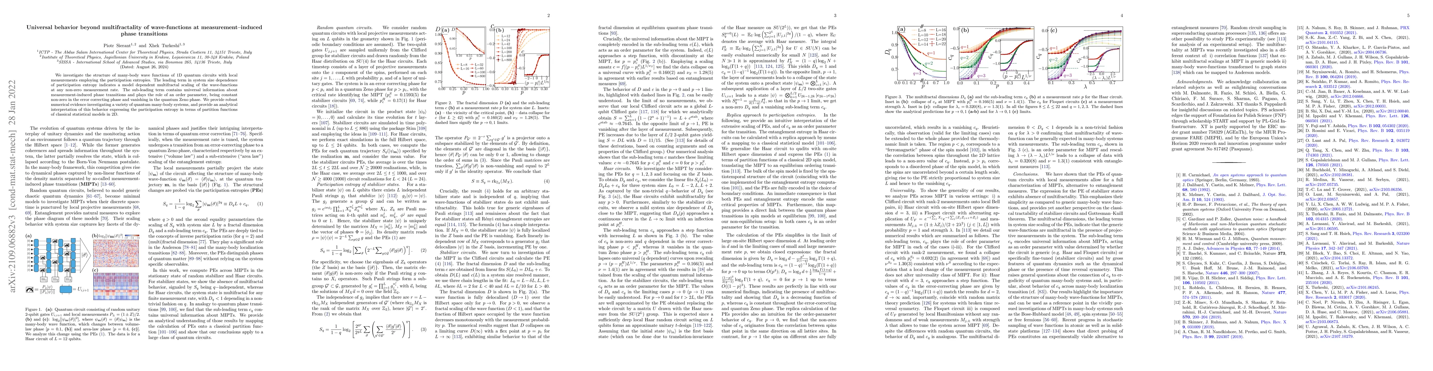 Thumbnail for Universal behavior beyond multifractality of wave-functions at
  measurement--induced phase transitions