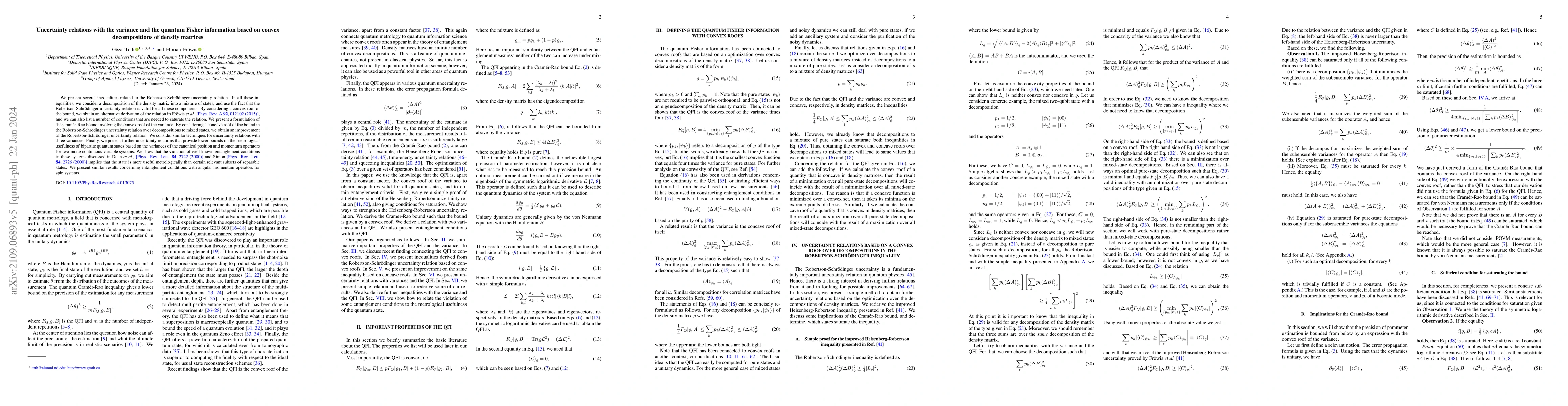Thumbnail for Uncertainty relations with the variance and the quantum Fisher
  information based on convex decompositions of density matrices
