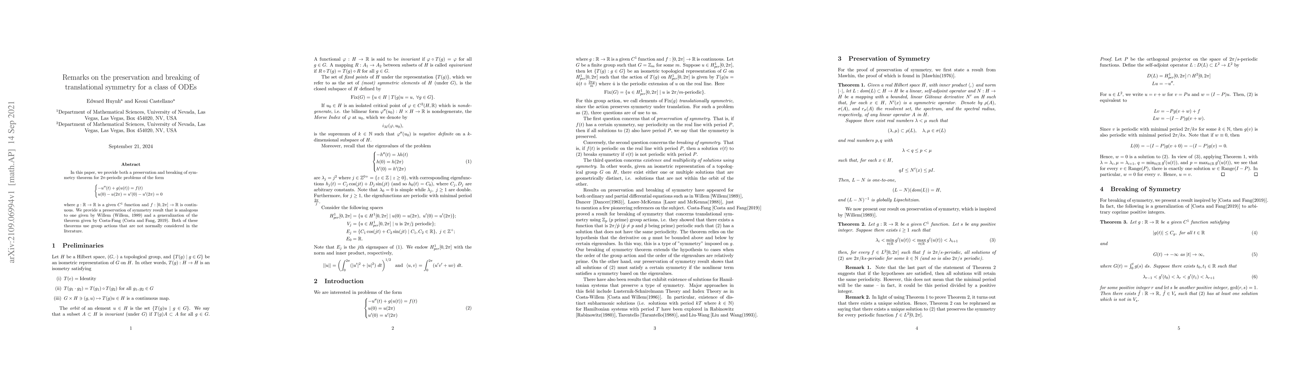 Thumbnail for Remarks on the preservation and breaking of translational symmetry for a
  class of ODEs