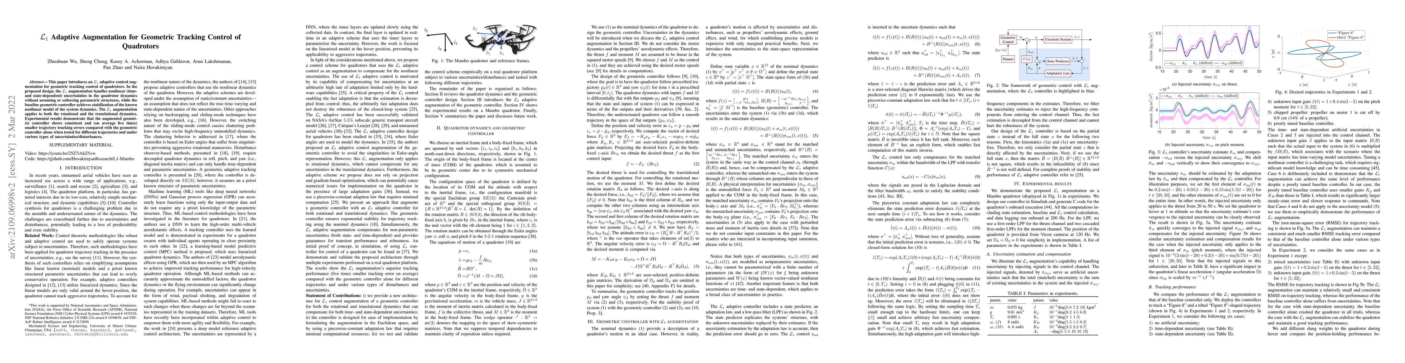 Thumbnail for $\mathcal{L}_1$ Adaptive Augmentation for Geometric Tracking Control of
  Quadrotors