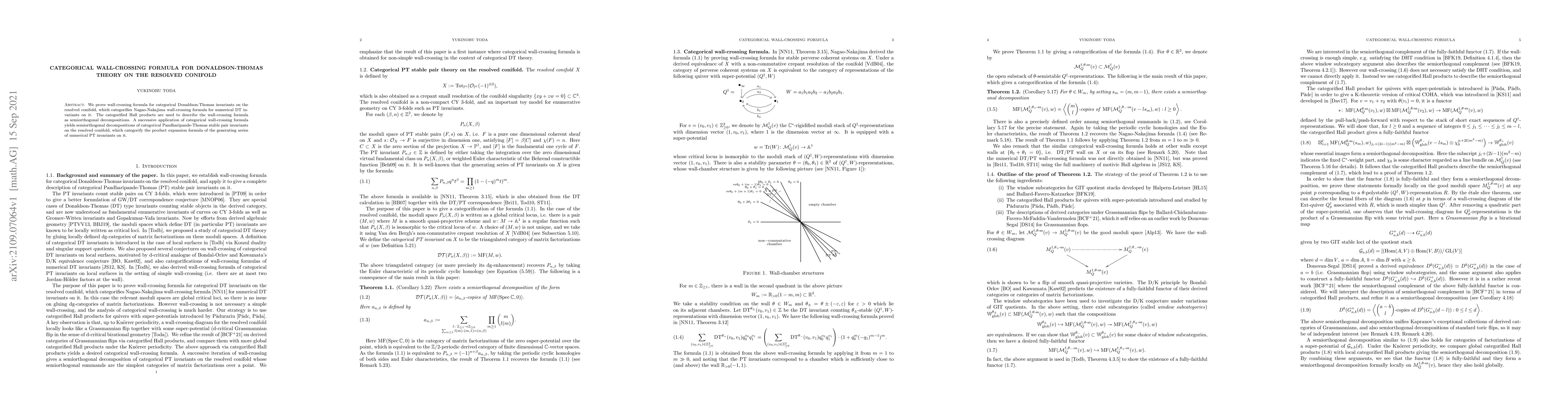 Thumbnail for Categorical wall-crossing formula for Donaldson-Thomas theory on the
  resolved conifold