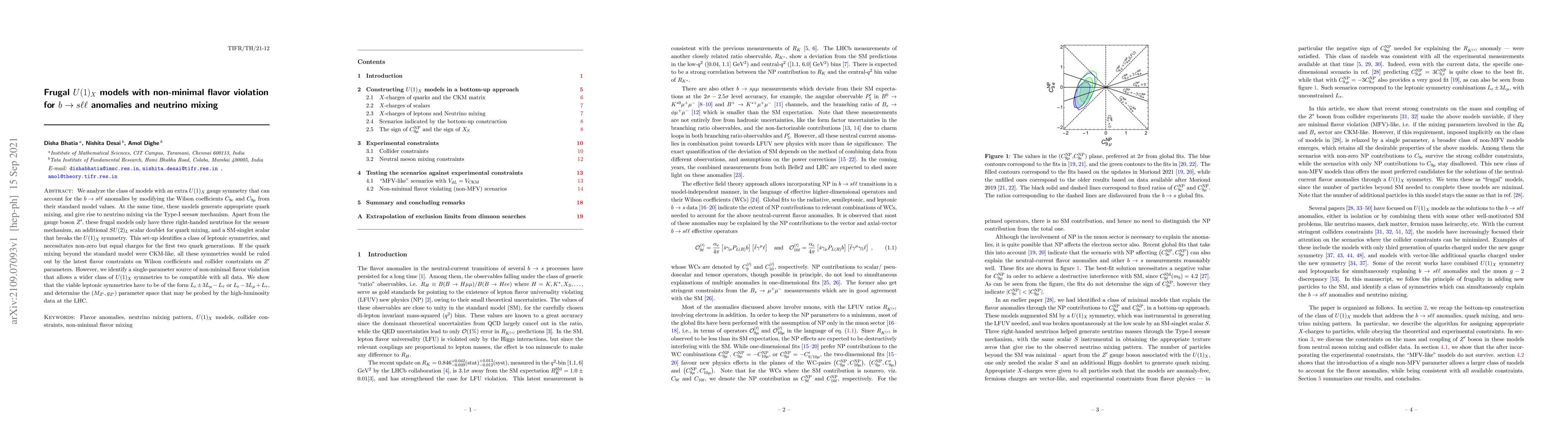 Thumbnail for Frugal $U(1)_X$ models with non-minimal flavor violation for $b \to s
  \ell \ell$ anomalies and neutrino mixing