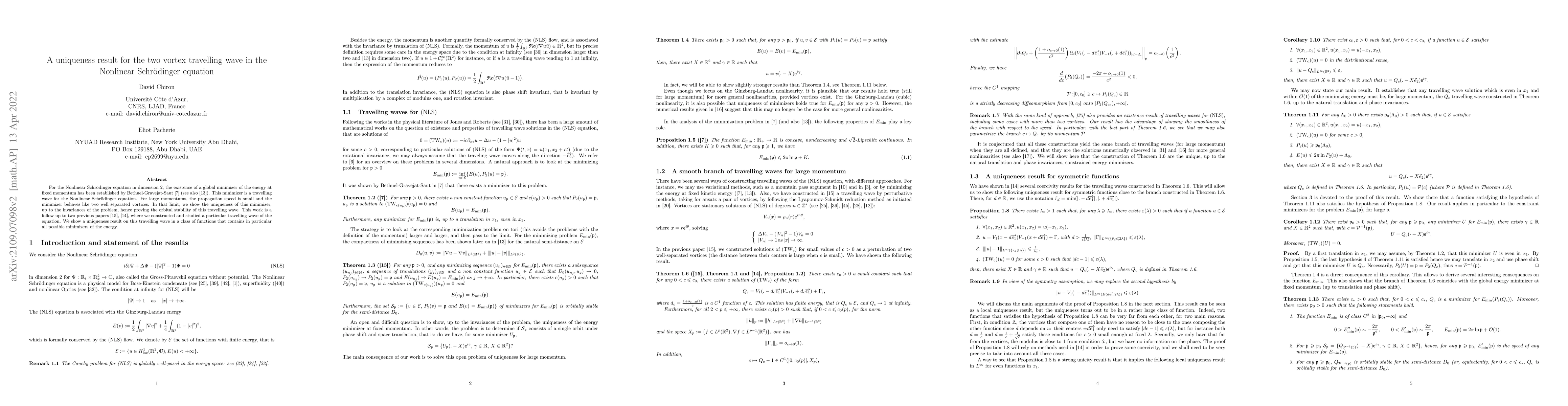 Thumbnail for A uniqueness result for the two vortex travelling wave in the Nonlinear
  Schrodinger equation