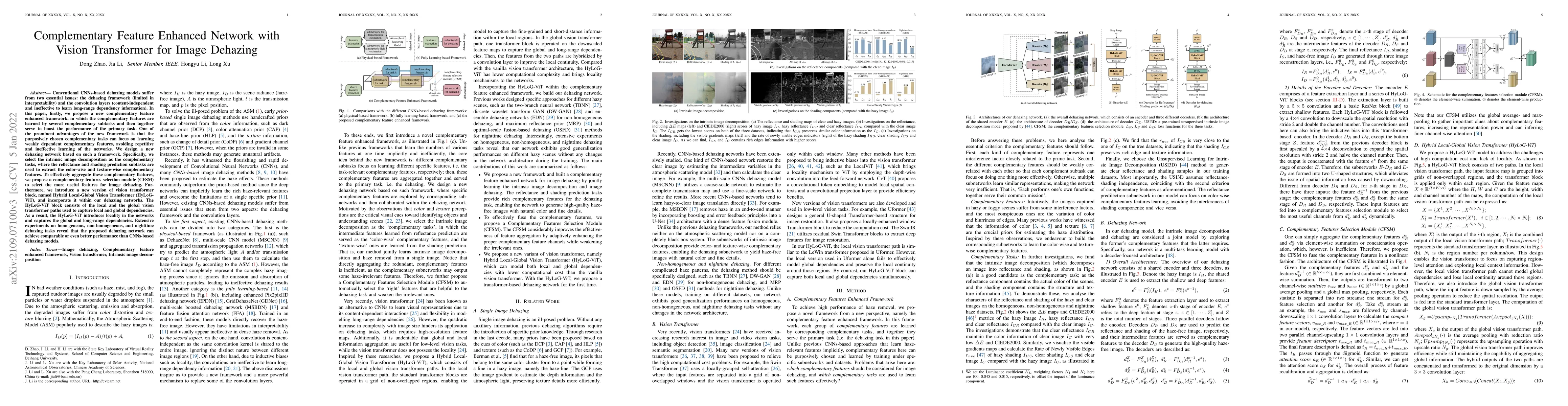 Thumbnail for Complementary Feature Enhanced Network with Vision Transformer for Image
  Dehazing