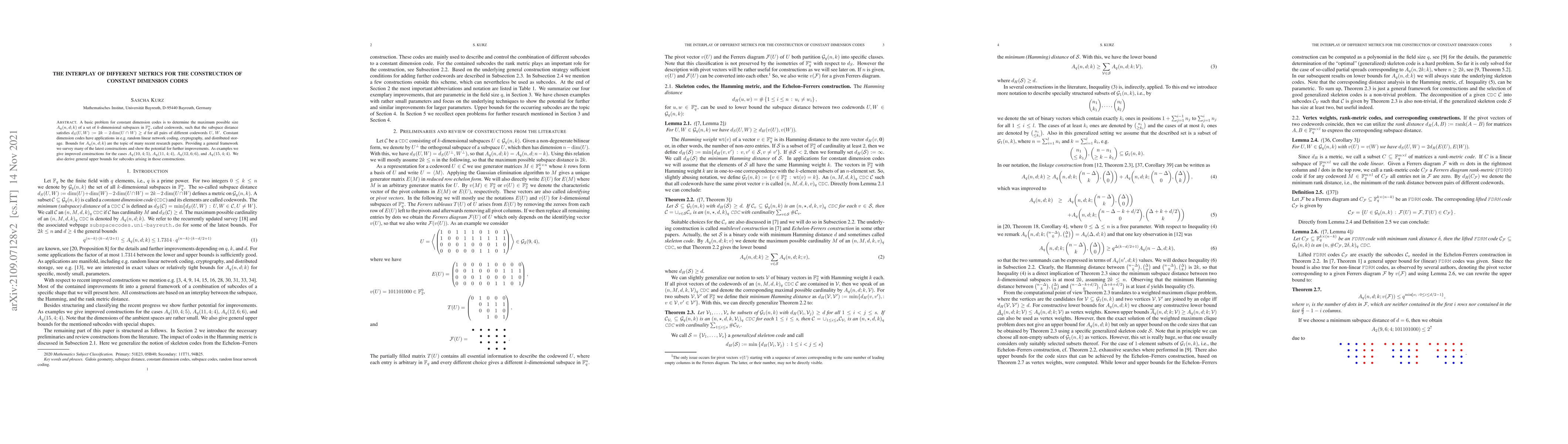 Thumbnail for The interplay of different metrics for the construction of constant
  dimension codes