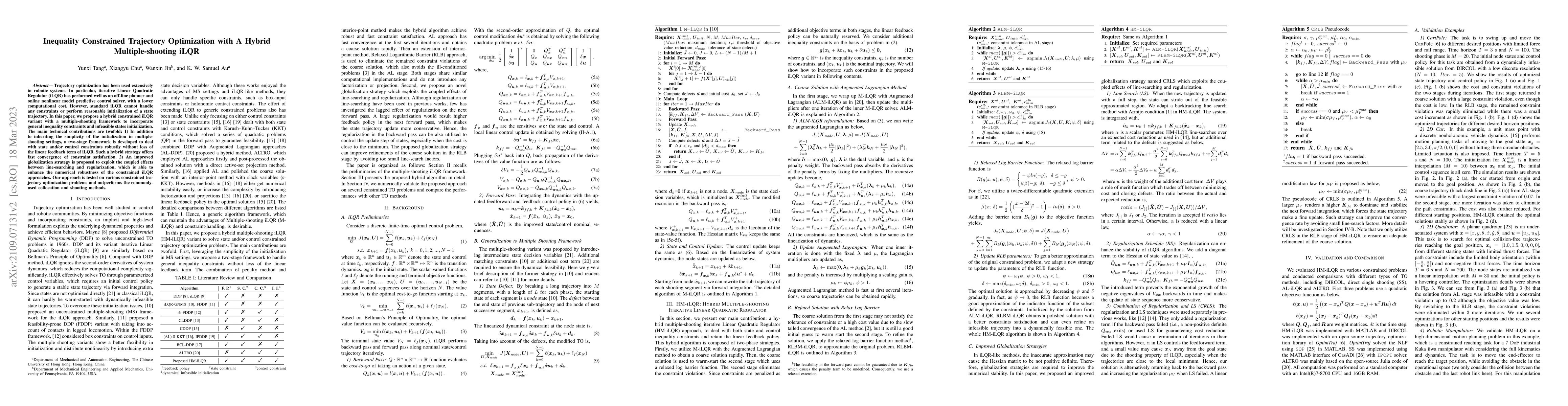 Thumbnail for Inequality Constrained Trajectory Optimization with A Hybrid
  Multiple-shooting iLQR
