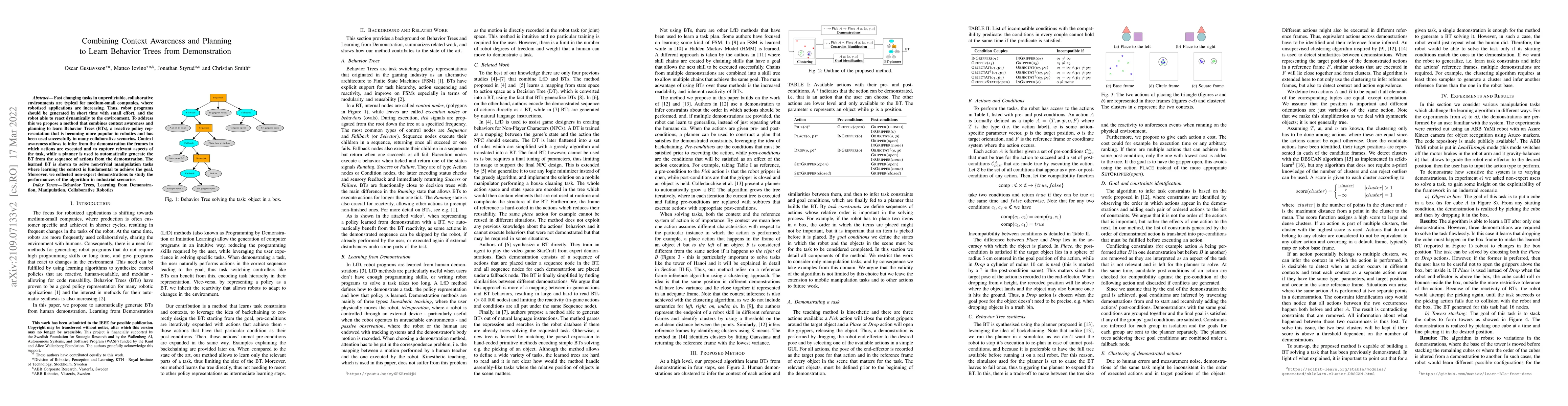 Thumbnail for Combining Context Awareness and Planning to Learn Behavior Trees from
  Demonstration