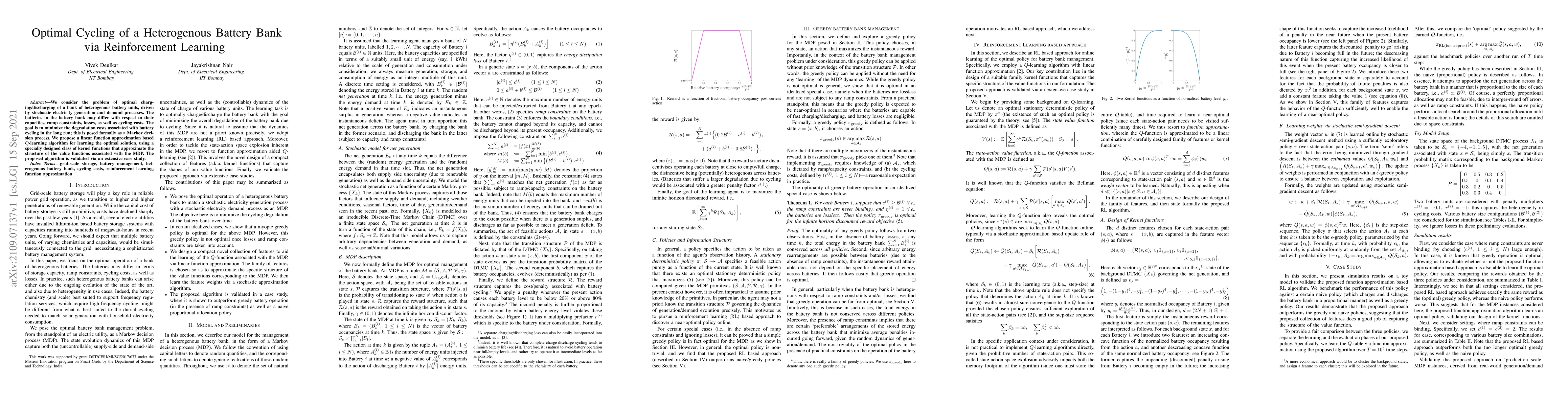 Thumbnail for Optimal Cycling of a Heterogenous Battery Bank via Reinforcement
  Learning