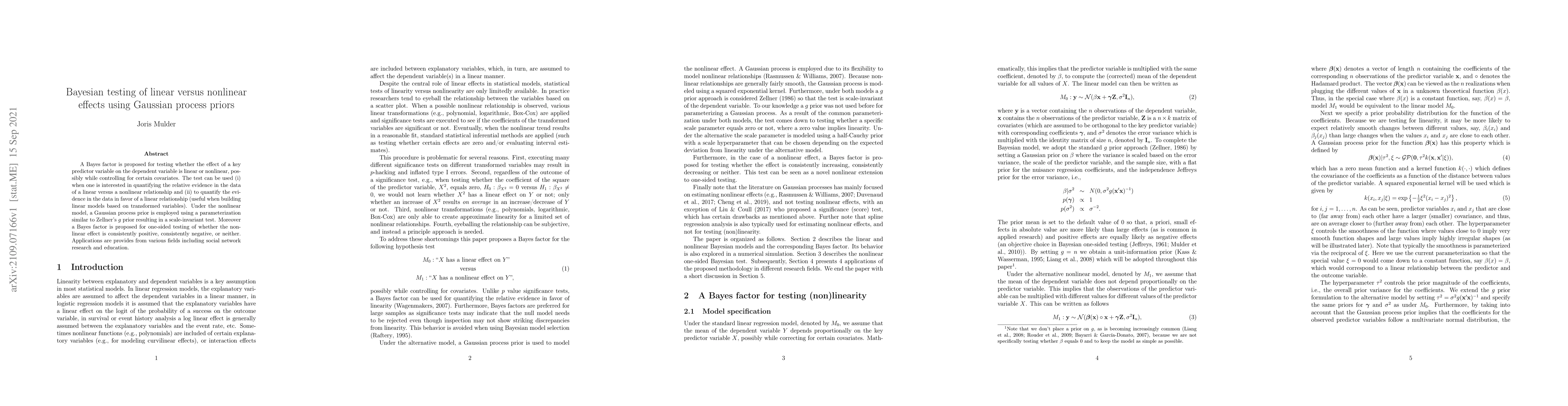 Thumbnail for Bayesian testing of linear versus nonlinear effects using Gaussian
  process priors