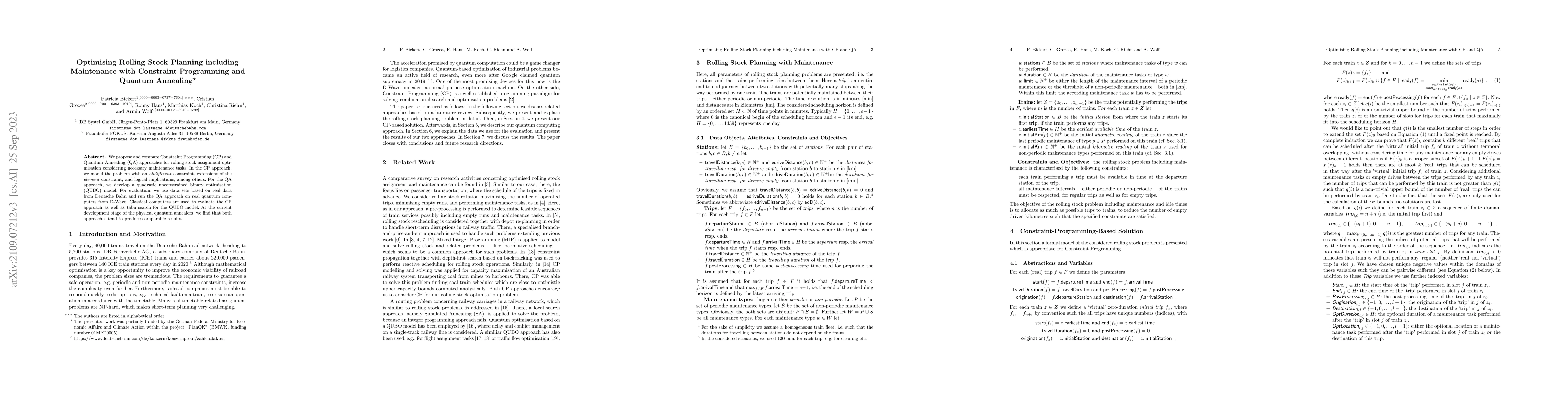 Thumbnail for Optimising Rolling Stock Planning including Maintenance with Constraint
  Programming and Quantum Annealing