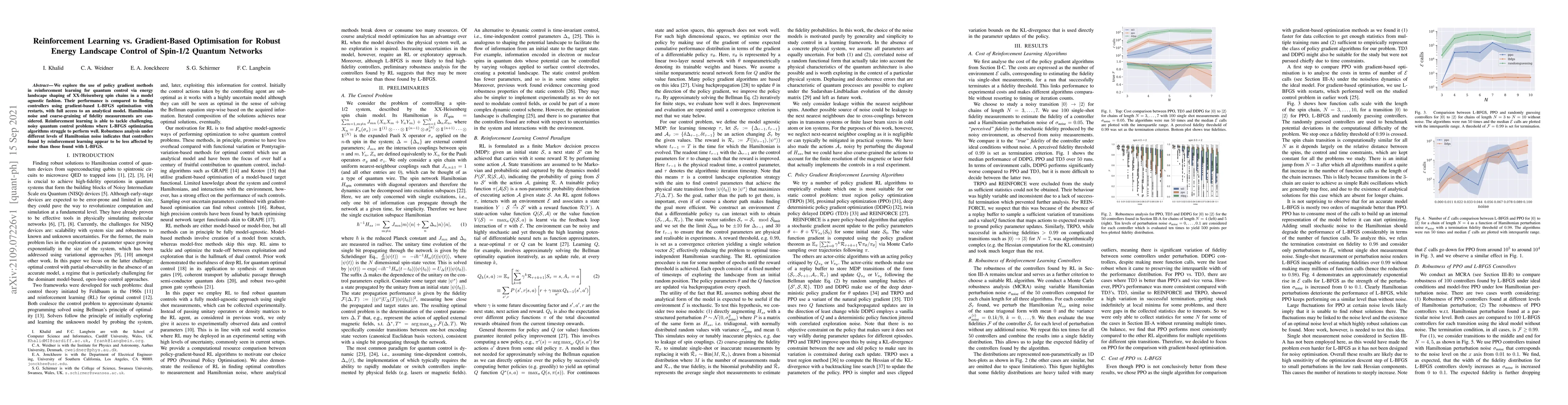 Thumbnail for Reinforcement Learning vs. Gradient-Based Optimisation for Robust Energy
  Landscape Control of Spin-1/2 Quantum Networks