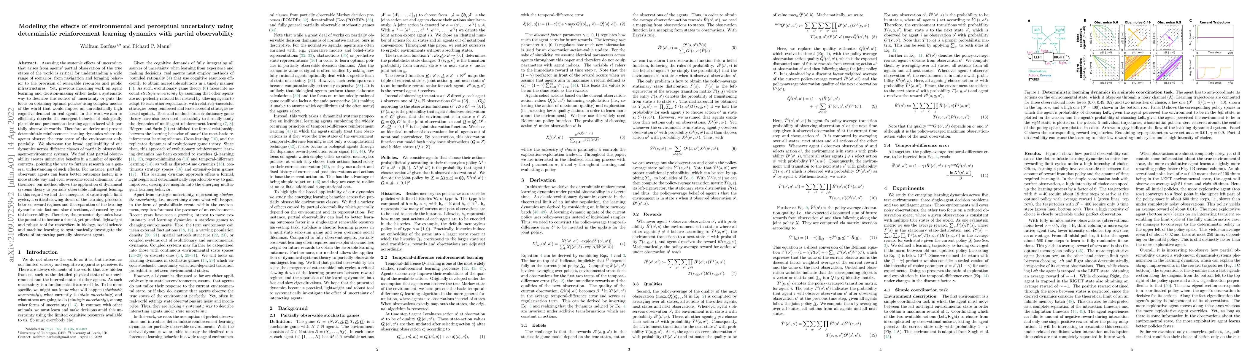 Thumbnail for Modeling the effects of environmental and perceptual uncertainty using
  deterministic reinforcement learning dynamics with partial observability