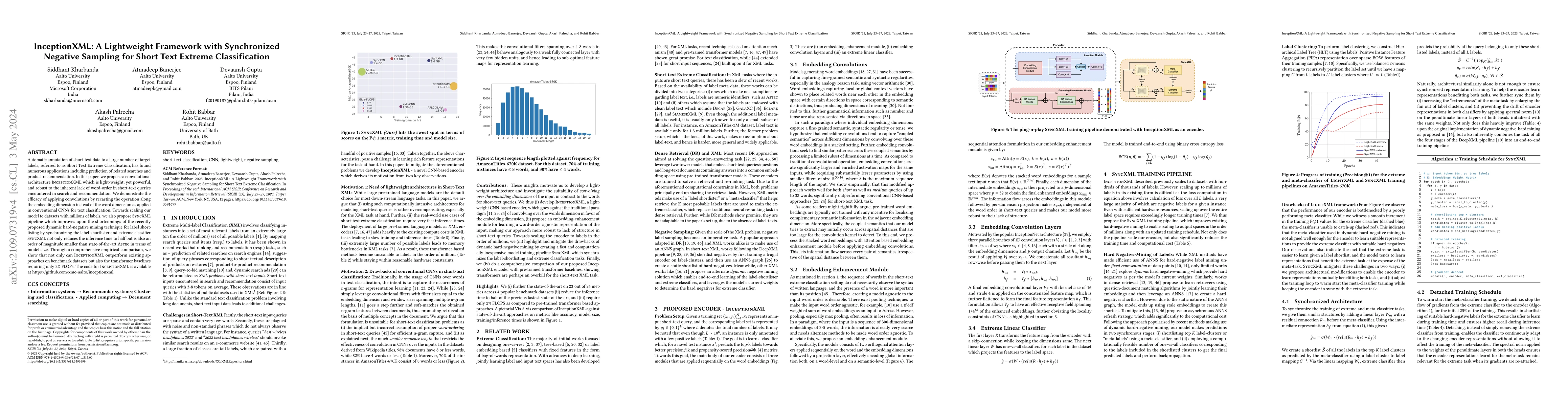 Thumbnail for InceptionXML: A Lightweight Framework with Synchronized Negative
  Sampling for Short Text Extreme Classification