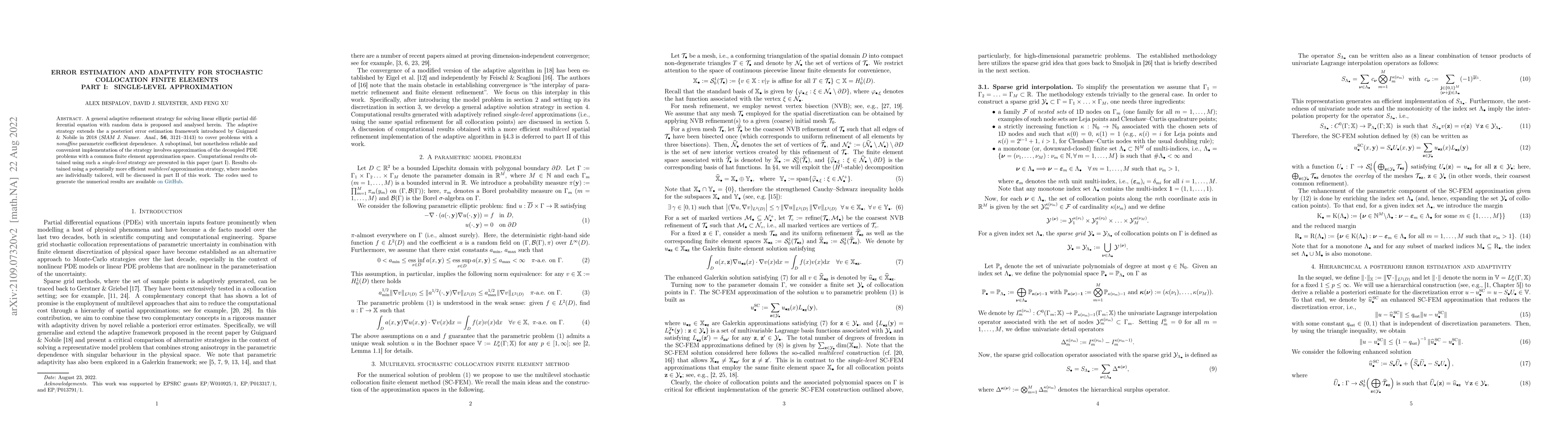 Thumbnail for Error estimation and adaptivity for stochastic collocation finite
  elements Part I: single-level approximation