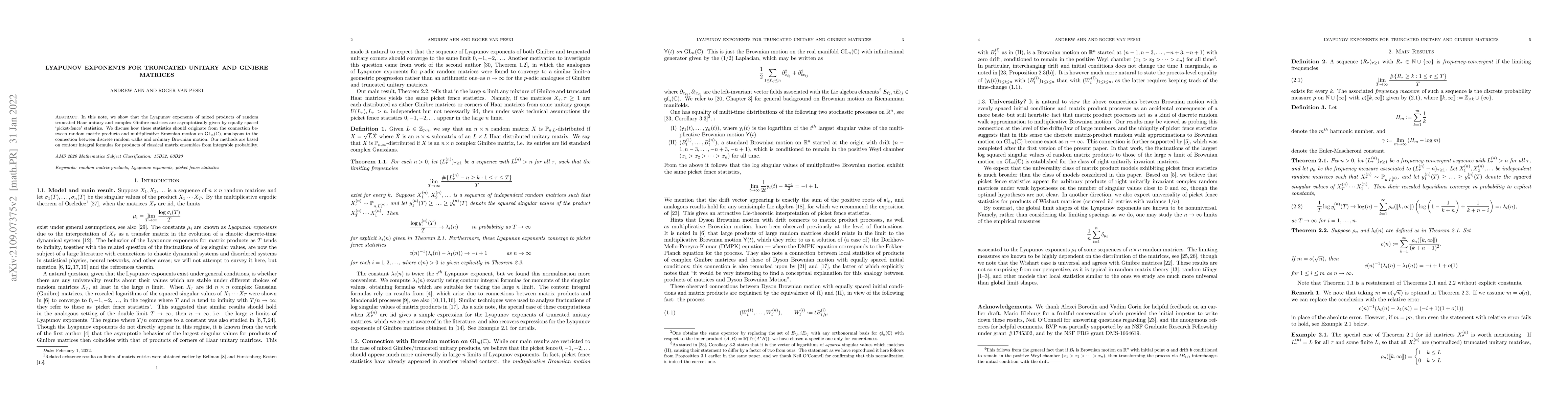 Thumbnail for Lyapunov exponents for truncated unitary and Ginibre matrices