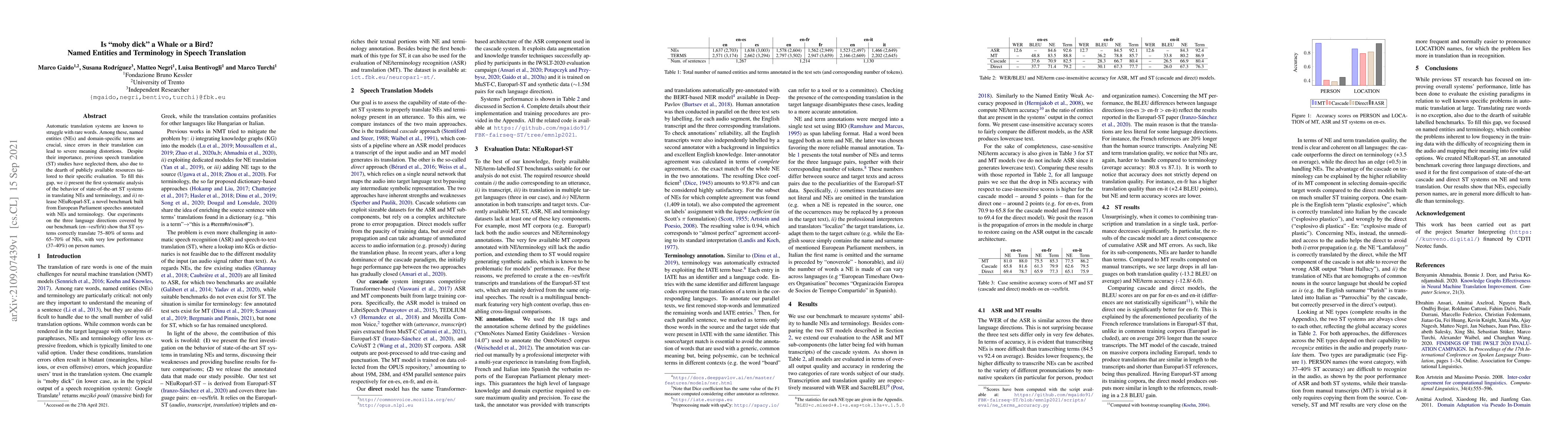 Thumbnail for Is "moby dick" a Whale or a Bird? Named Entities and Terminology in
  Speech Translation