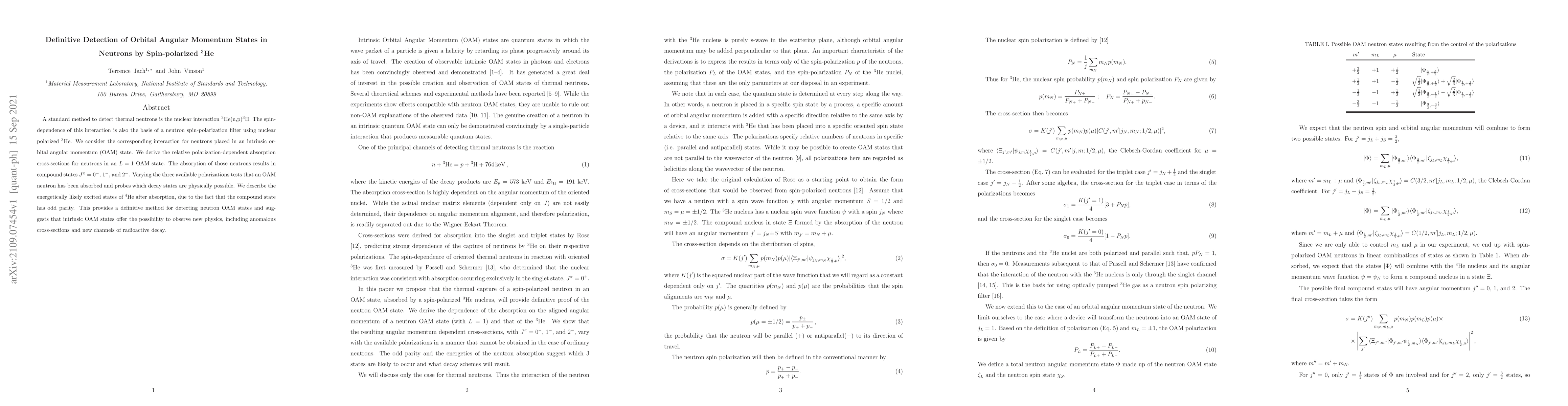 Thumbnail for Definitive Detection of Orbital Angular Momentum States in Neutrons by
  Spin-polarized $^3$He