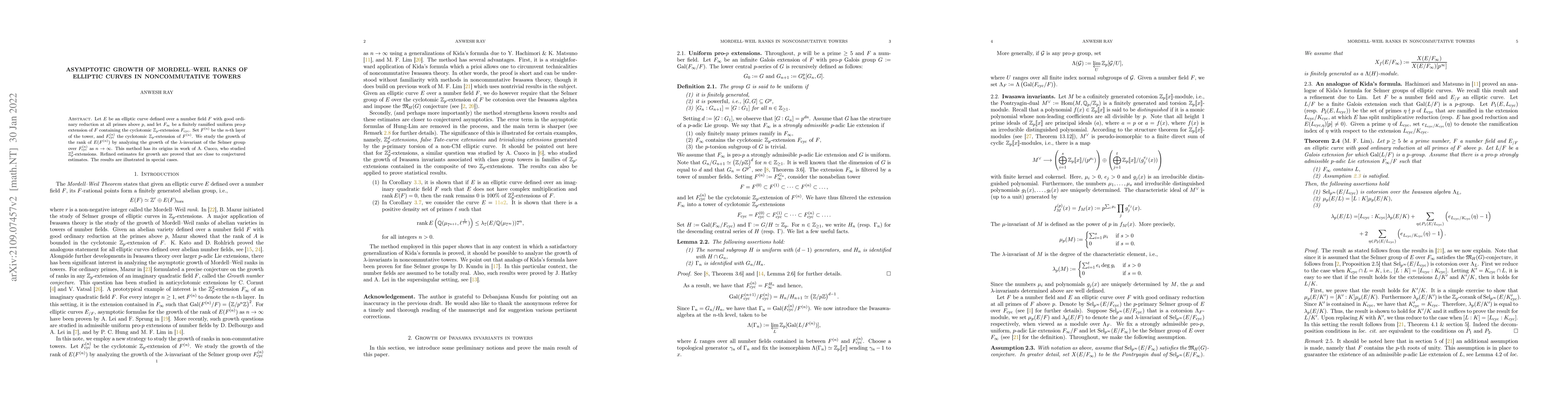 Thumbnail for Asymptotic growth of Mordell-Weil ranks of elliptic curves in
  noncommutative towers