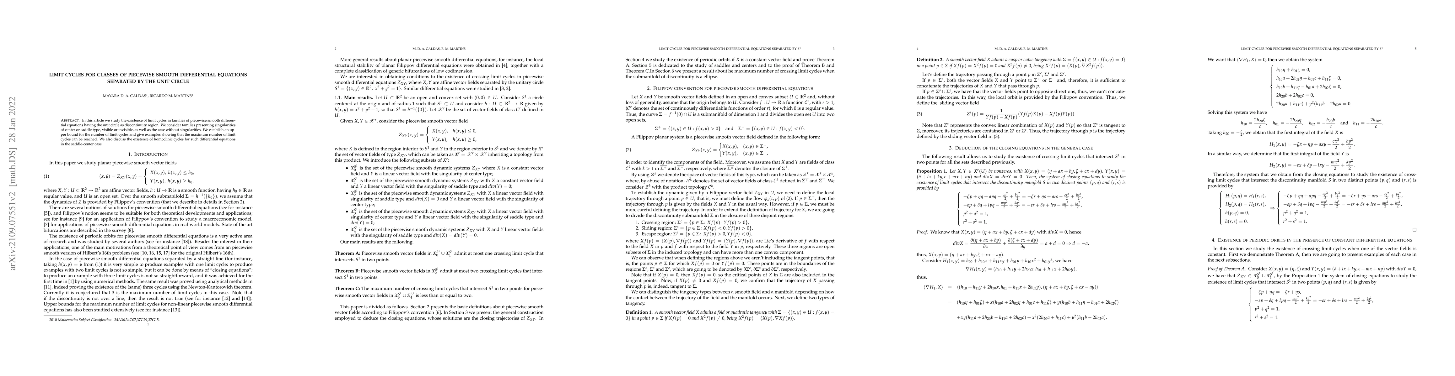 Thumbnail for Limit cycles for classes of piecewise smooth differential equations
  separated by the unit circle