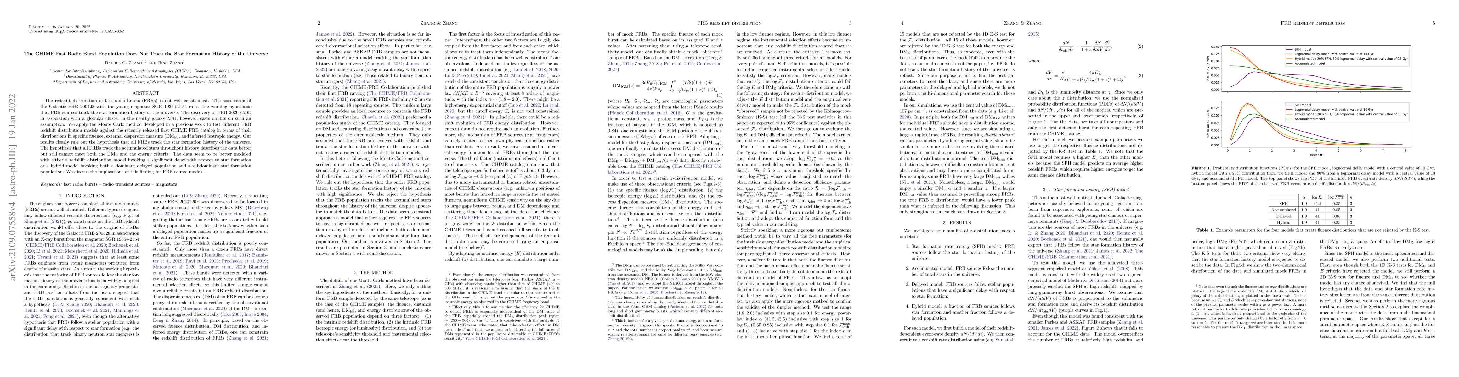 Thumbnail for The CHIME Fast Radio Burst Population Does Not Track the Star Formation
  History of the Universe