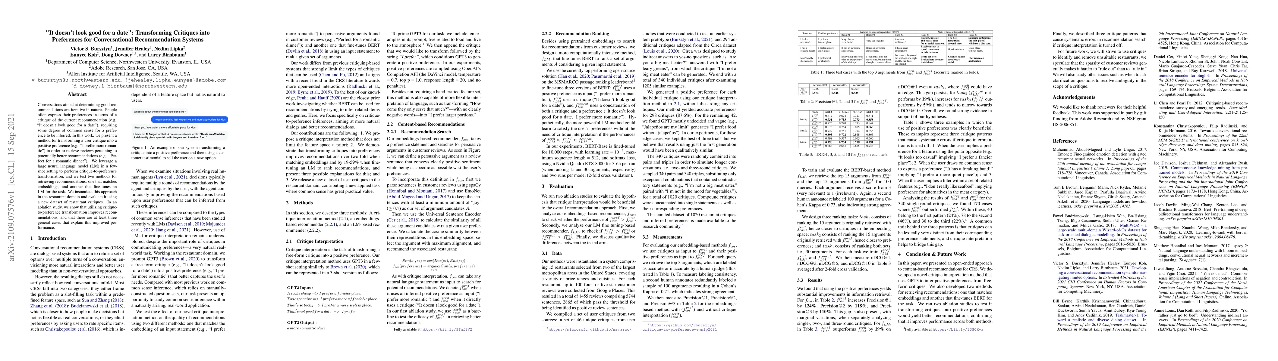 Thumbnail for "It doesn't look good for a date": Transforming Critiques into
  Preferences for Conversational Recommendation Systems