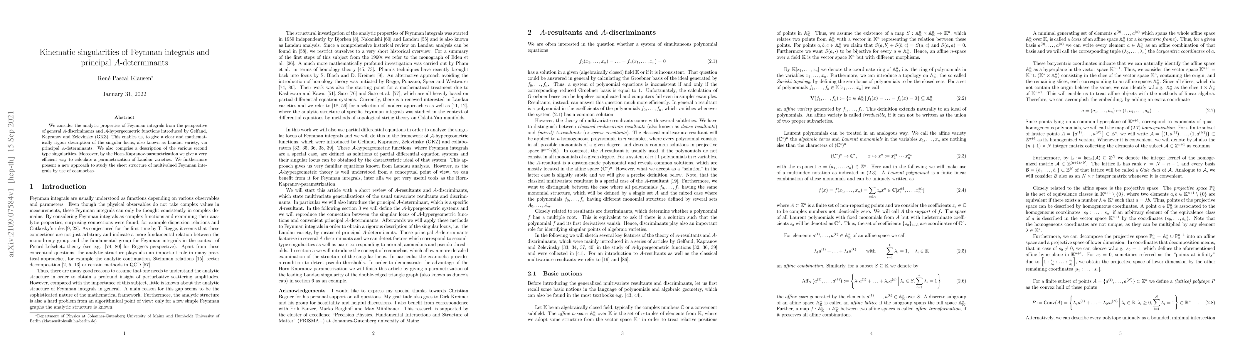 Thumbnail for Kinematic singularities of Feynman integrals and principal
  A-determinants