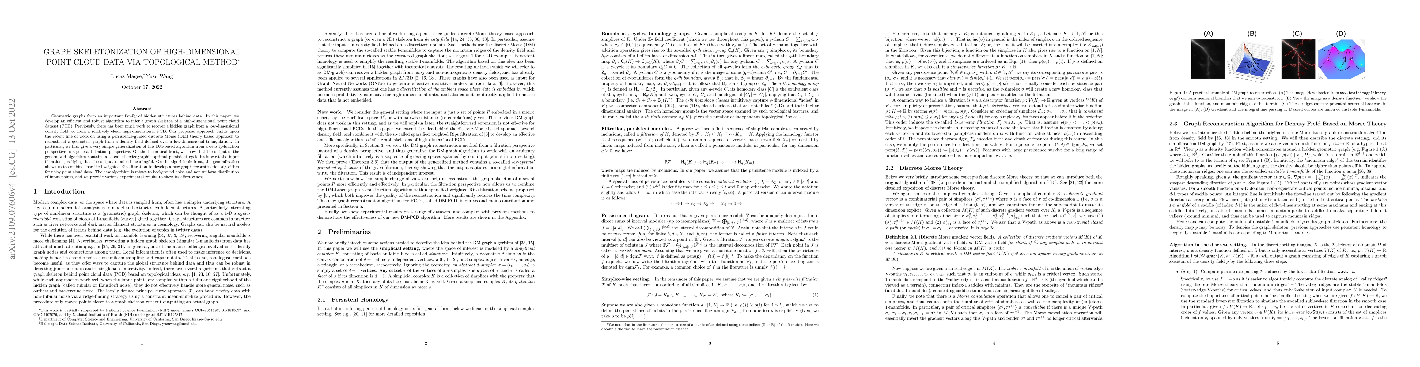 Thumbnail for Graph skeletonization of high-dimensional point cloud data via
  topological method