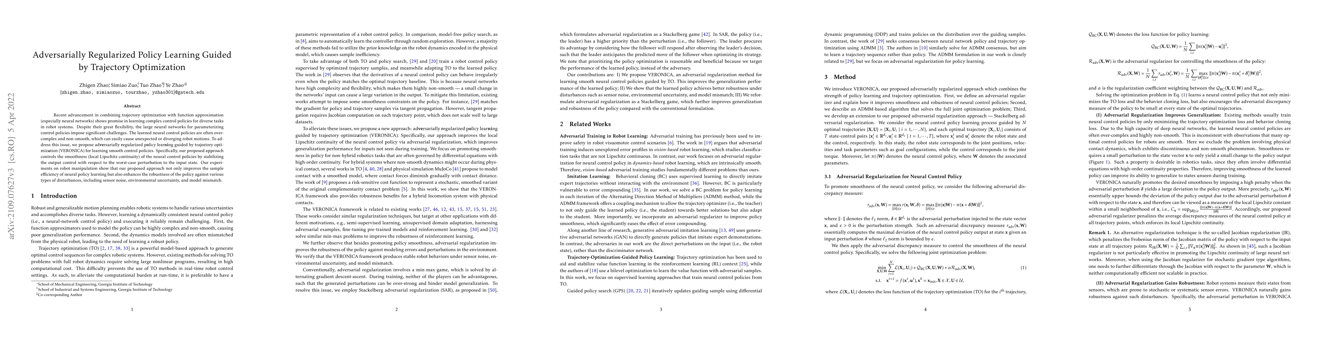 Thumbnail for Adversarially Regularized Policy Learning Guided by Trajectory
  Optimization