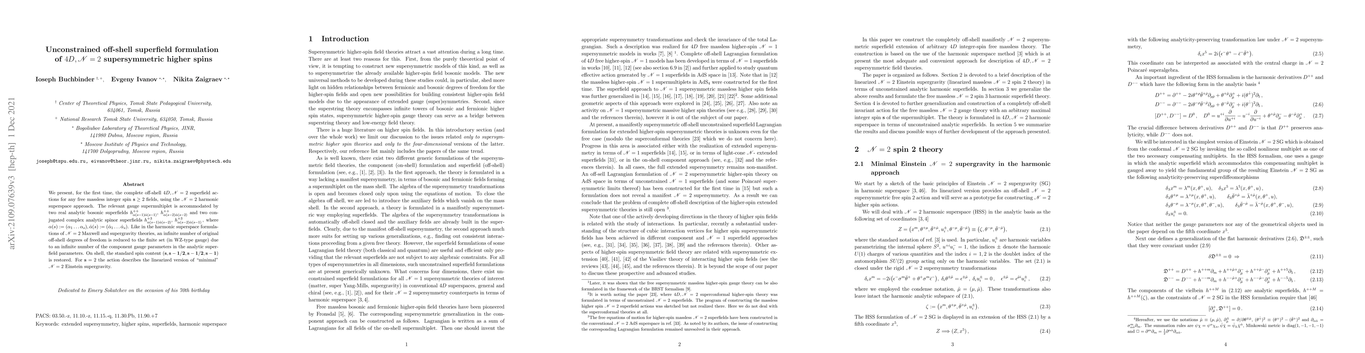 Thumbnail for Unconstrained off-shell superfield formulation of $4D, \mathcal{N}=2$
  supersymmetric higher spins
