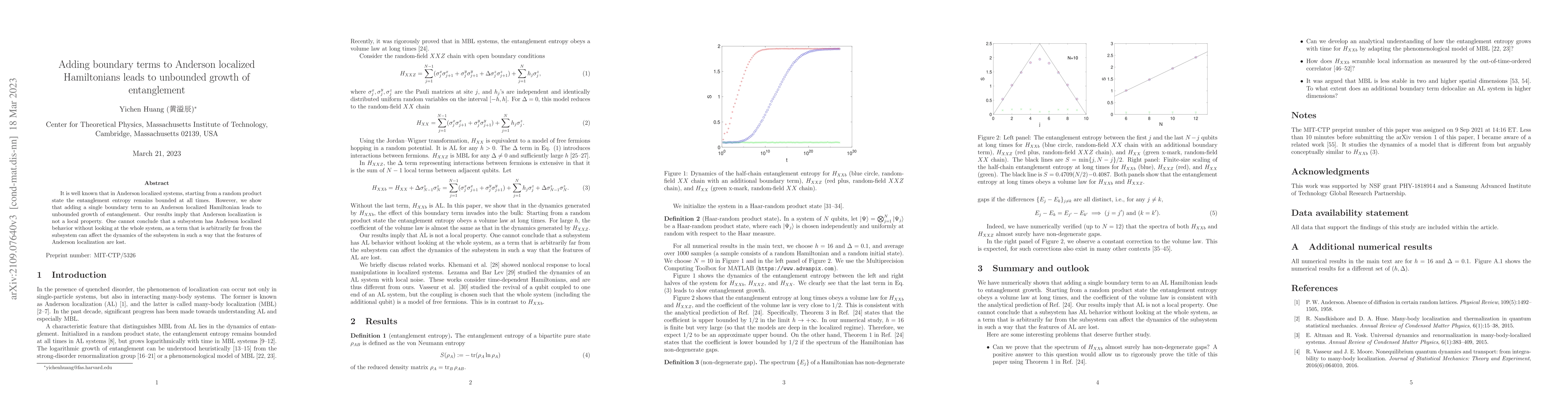 Thumbnail for Adding boundary terms to Anderson localized Hamiltonians leads to
  unbounded growth of entanglement