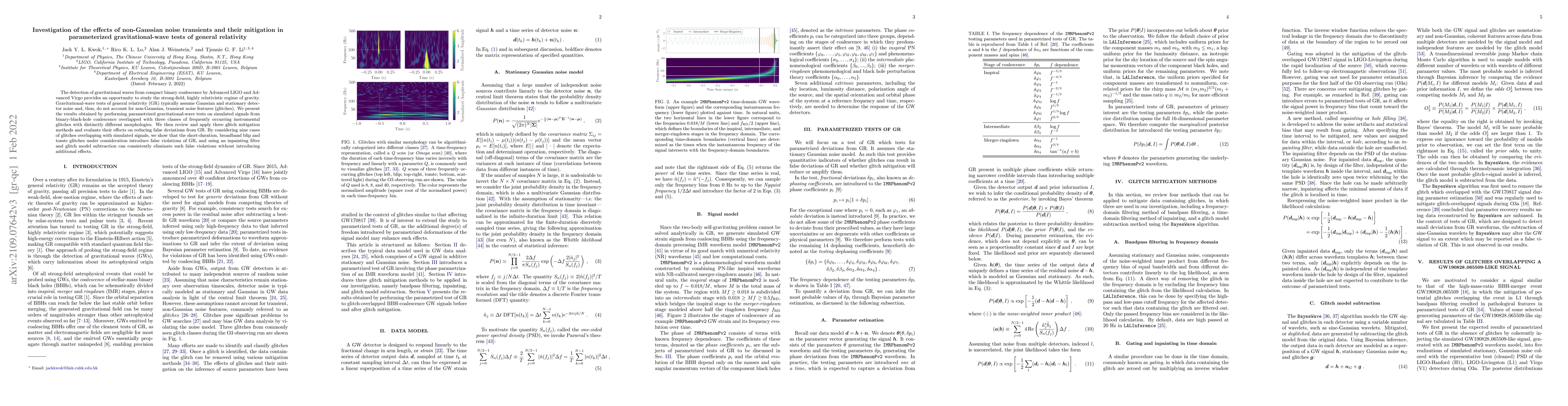 Thumbnail for Investigation of the effects of non-Gaussian noise transients and their
  mitigation in parameterized gravitational-wave tests of general relativity