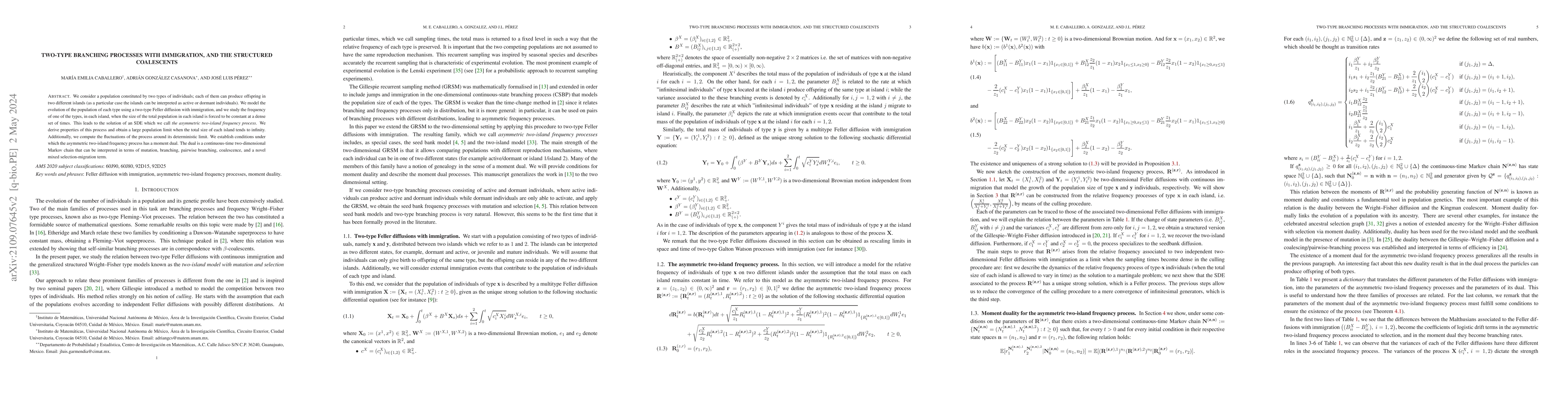 Thumbnail for Two-type branching processes with immigration, and the structured
  coalescents
