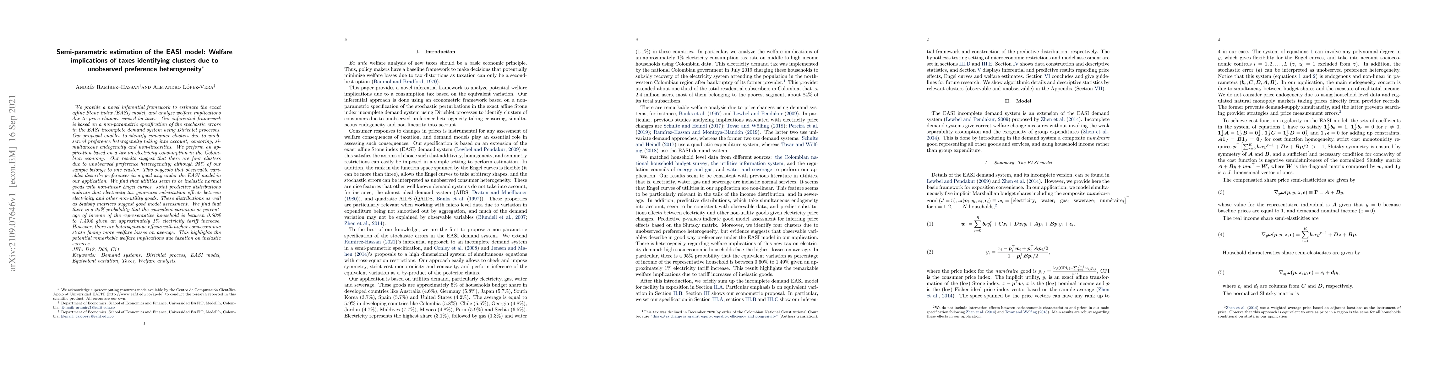 Thumbnail for Semi-parametric estimation of the EASI model: Welfare implications of
  taxes identifying clusters due to unobserved preference heterogeneity