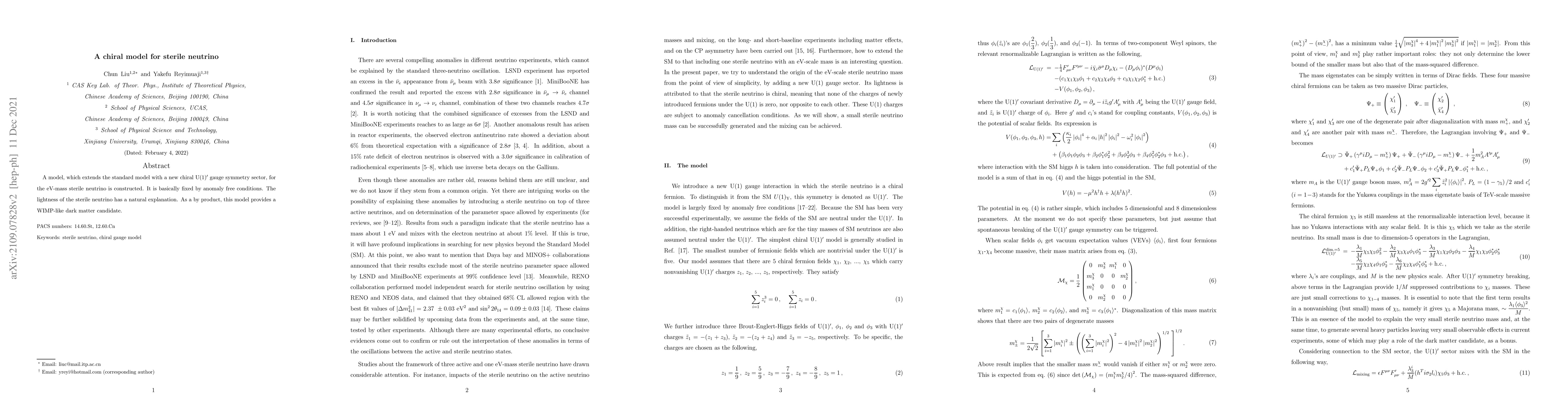 Thumbnail for A chiral model for sterile neutrino