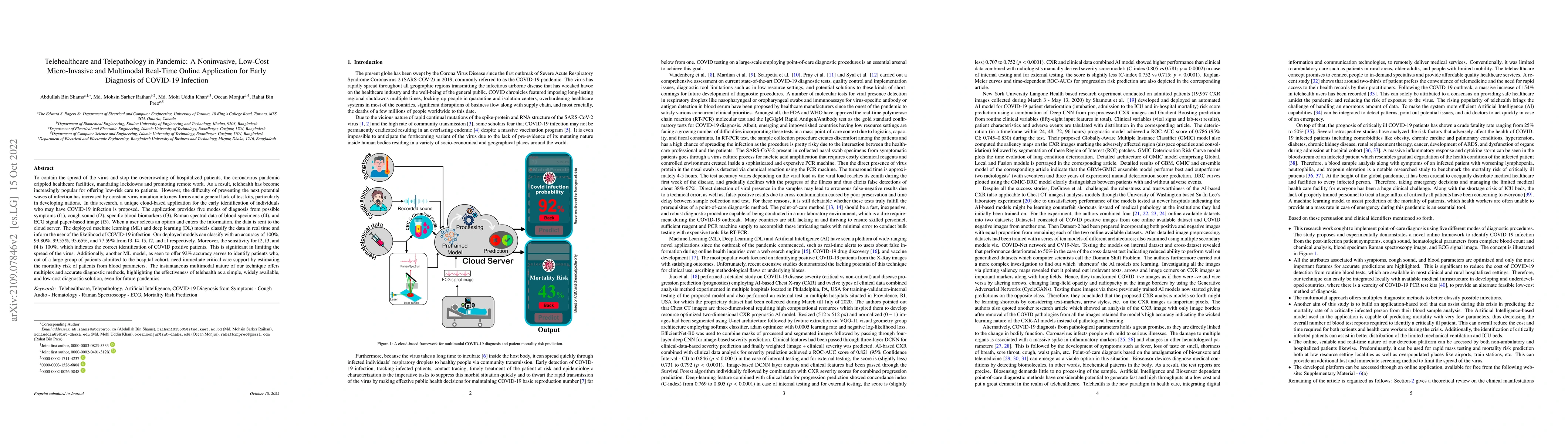 Thumbnail for Telehealthcare and Telepathology in Pandemic: A Noninvasive, Low-Cost
  Micro-Invasive and Multimodal Real-Time Online Application for Early
  Diagnosis of COVID-19 Infection