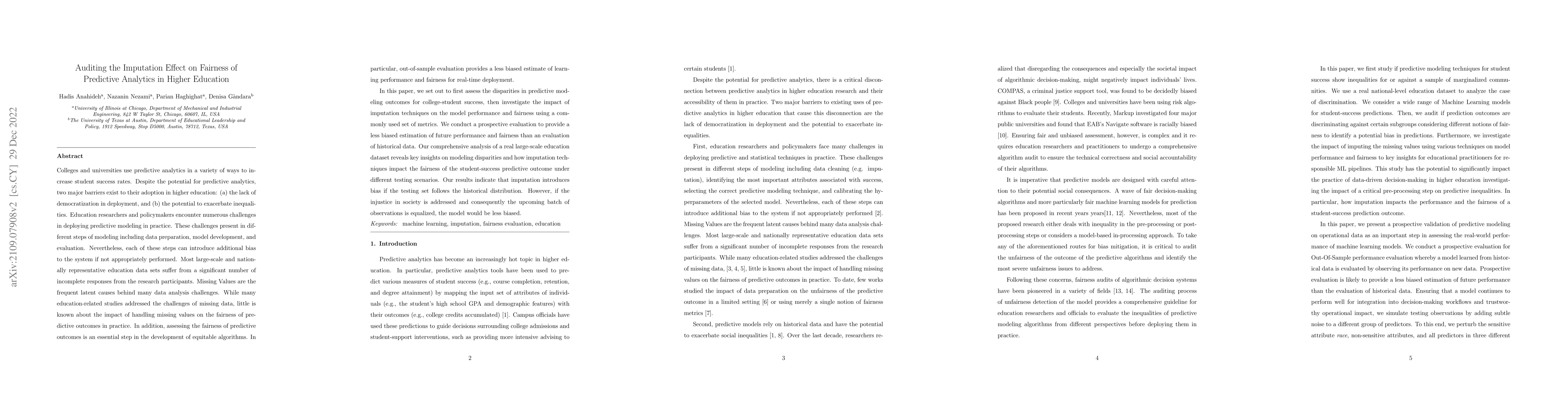 Thumbnail for Auditing the Imputation Effect on Fairness of Predictive Analytics in
  Higher Education