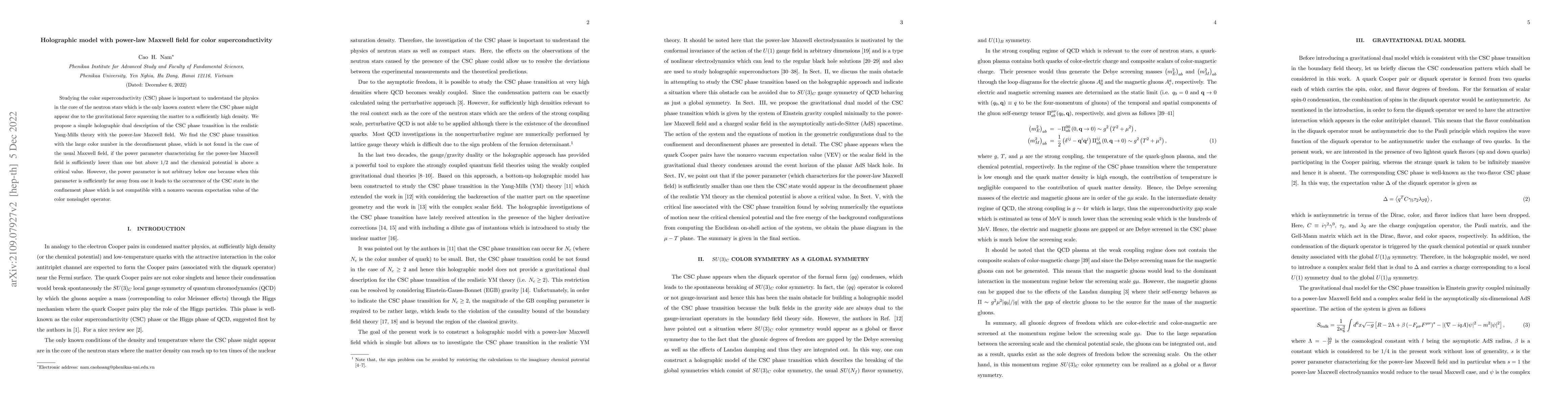 Thumbnail for Holographic model with power-law Maxwell field for color
  superconductivity