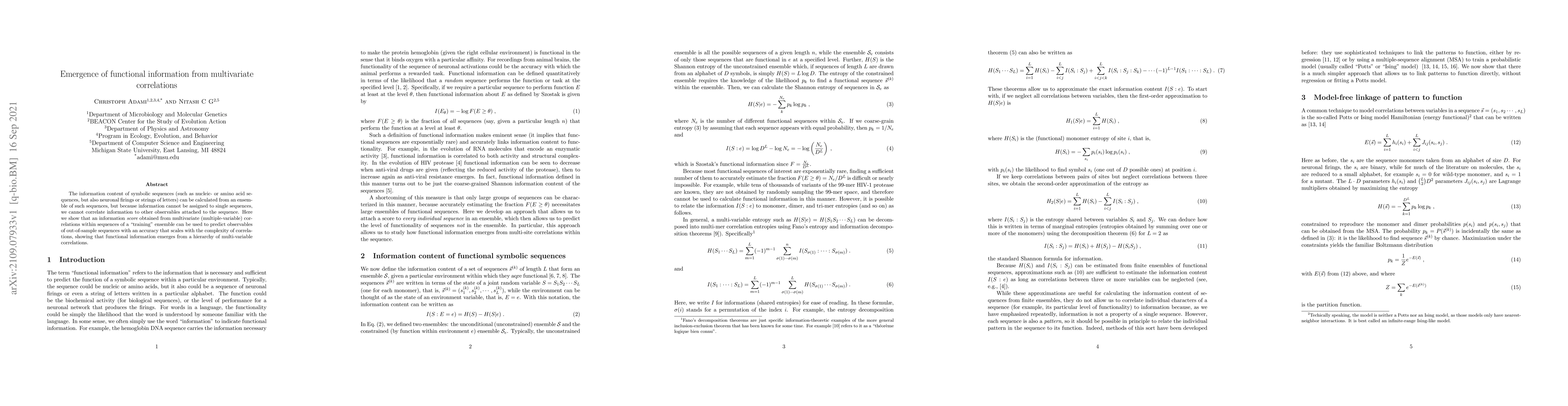 Thumbnail for Emergence of functional information from multivariate correlations