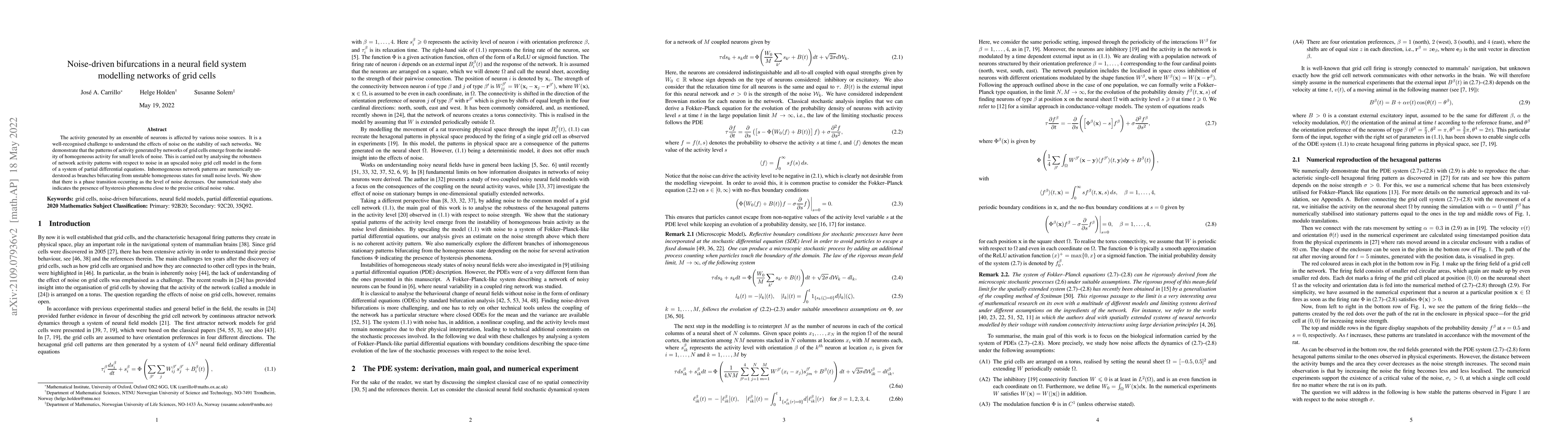 Thumbnail for Noise-driven bifurcations in a neural field system modelling networks of
  grid cells