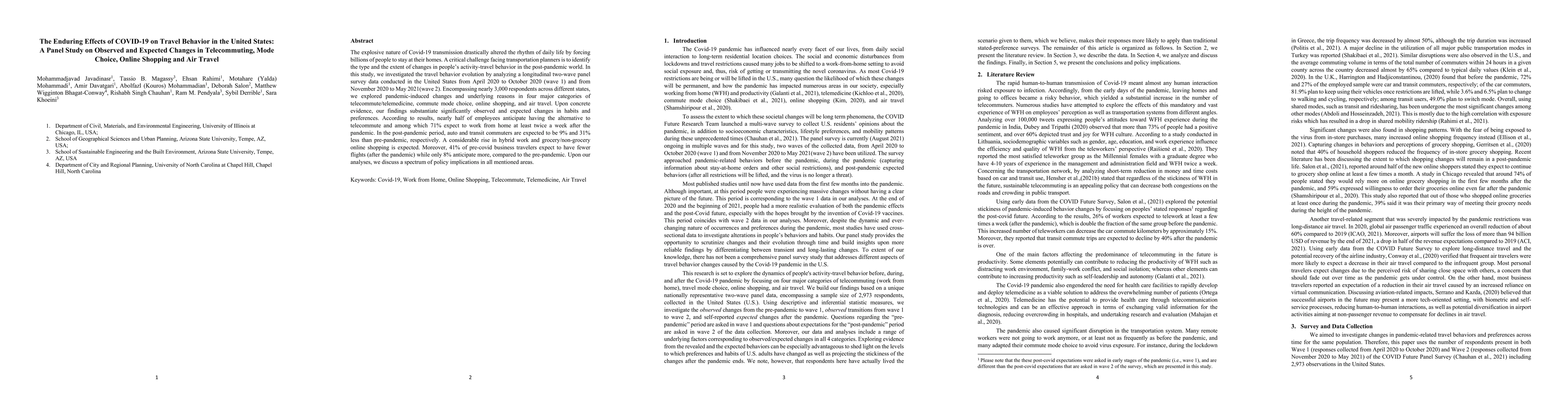 Thumbnail for The Enduring Effects of COVID-19 on Travel Behavior in the United
  States: A Panel Study on Observed and Expected Changes in Telecommuting, Mode
  Choice, Online Shopping and Air Travel