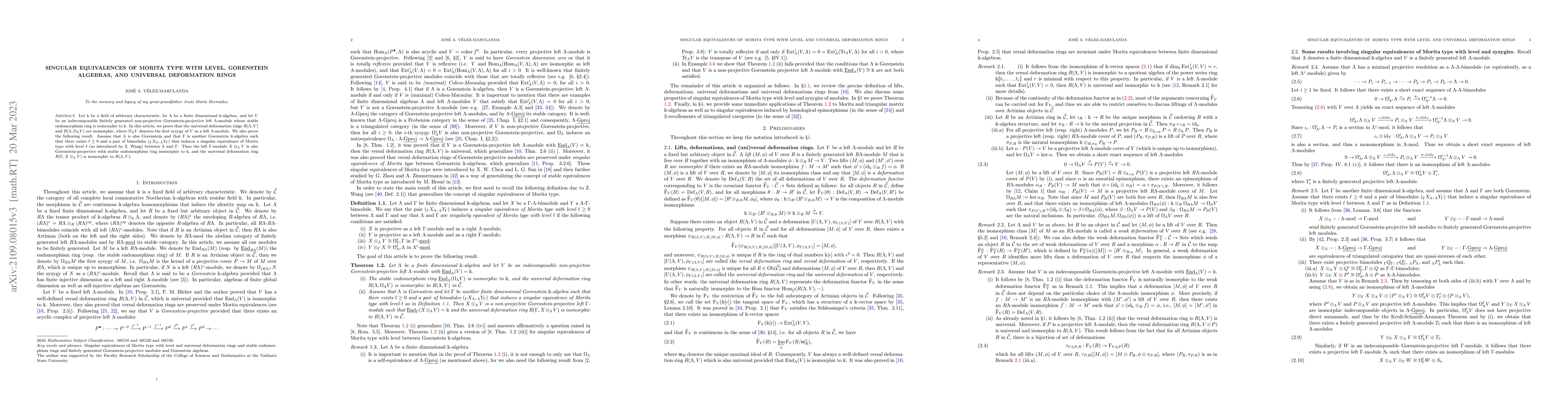 Thumbnail for Singular equivalences of Morita type with level, Gorenstein algebras,
  and universal deformation rings