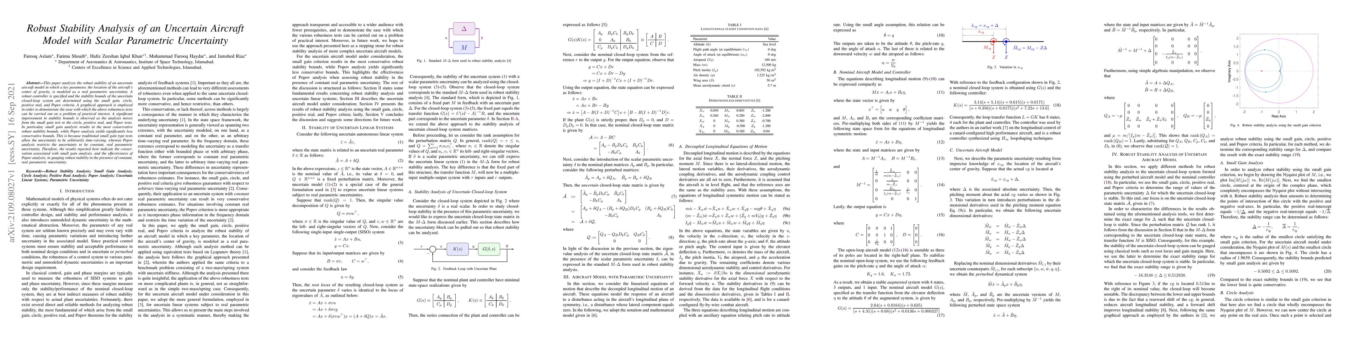 Thumbnail for Robust Stability Analysis of an Uncertain Aircraft Model with Scalar
  Parametric Uncertainty