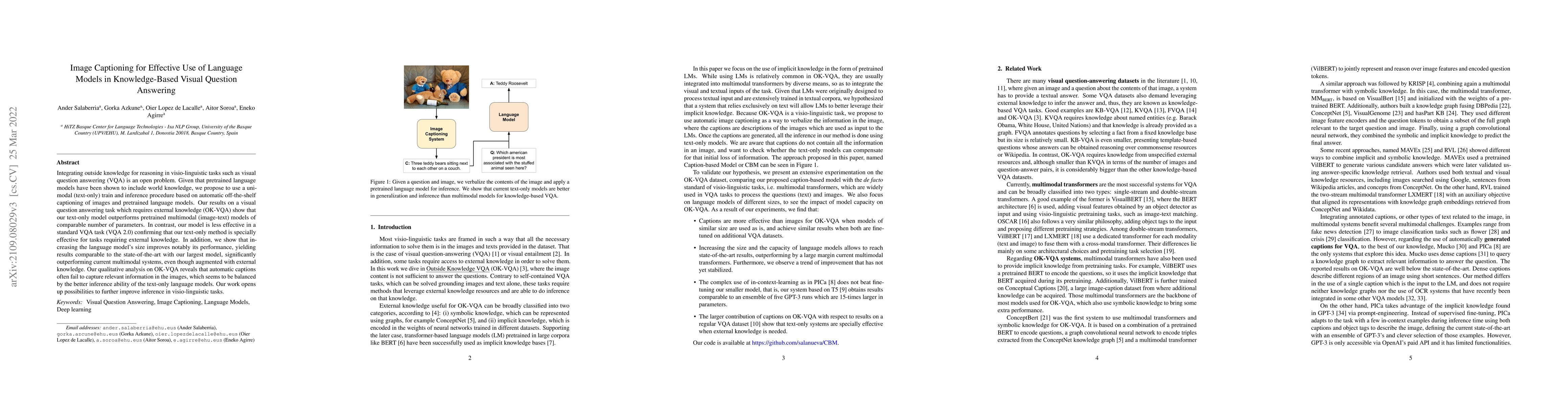Thumbnail for Image Captioning for Effective Use of Language Models in Knowledge-Based
  Visual Question Answering