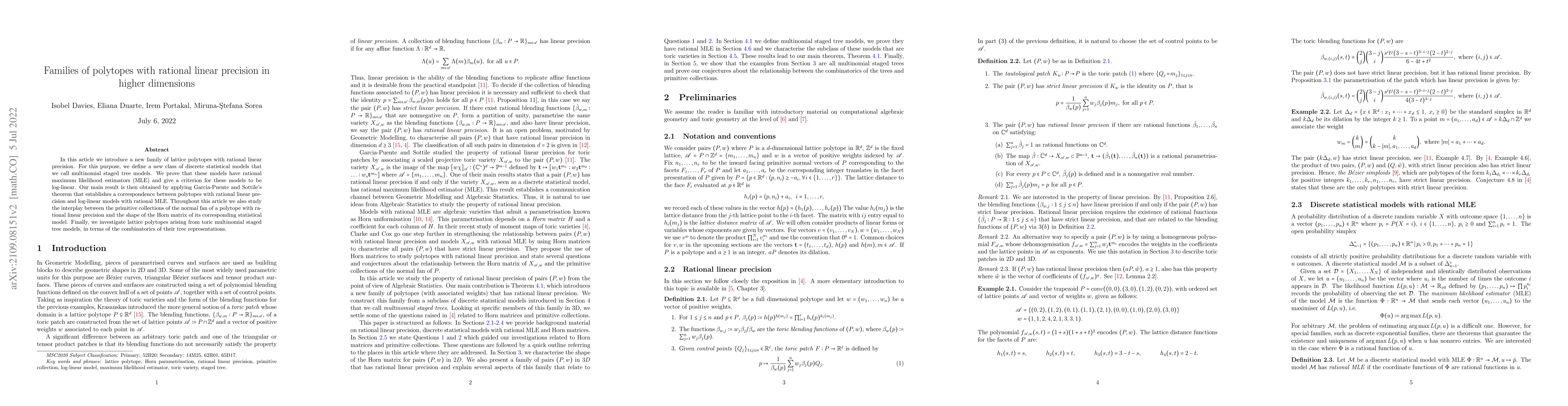Thumbnail for Families of polytopes with rational linear precision in higher
  dimensions