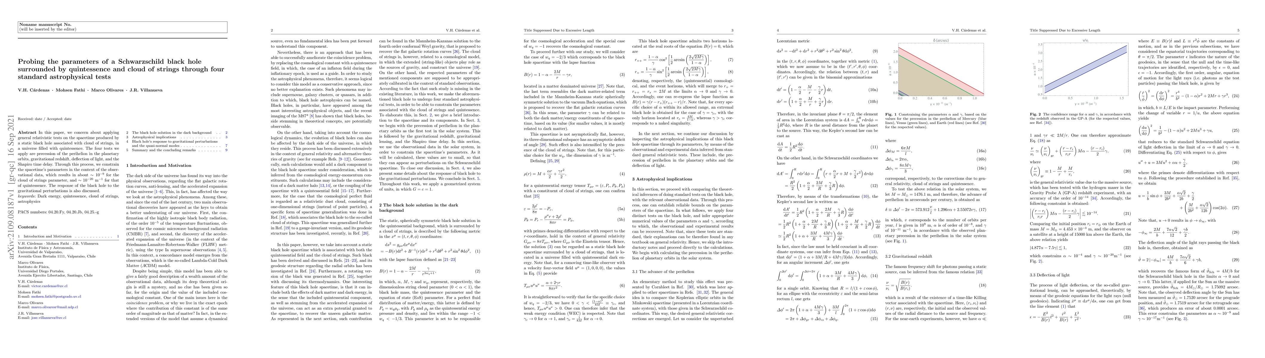 Thumbnail for Probing the parameters of a Schwarzschild black hole surrounded by
  quintessence and cloud of strings through four standard astrophysical tests