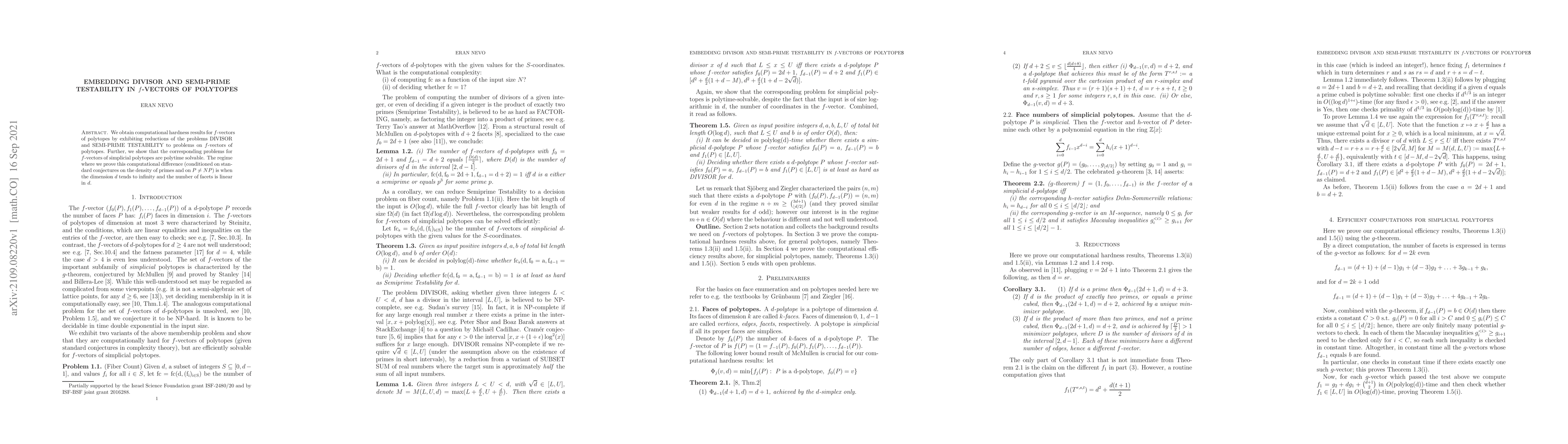 Thumbnail for Embedding Divisor and Semi-Prime Testability in f-vectors of polytopes