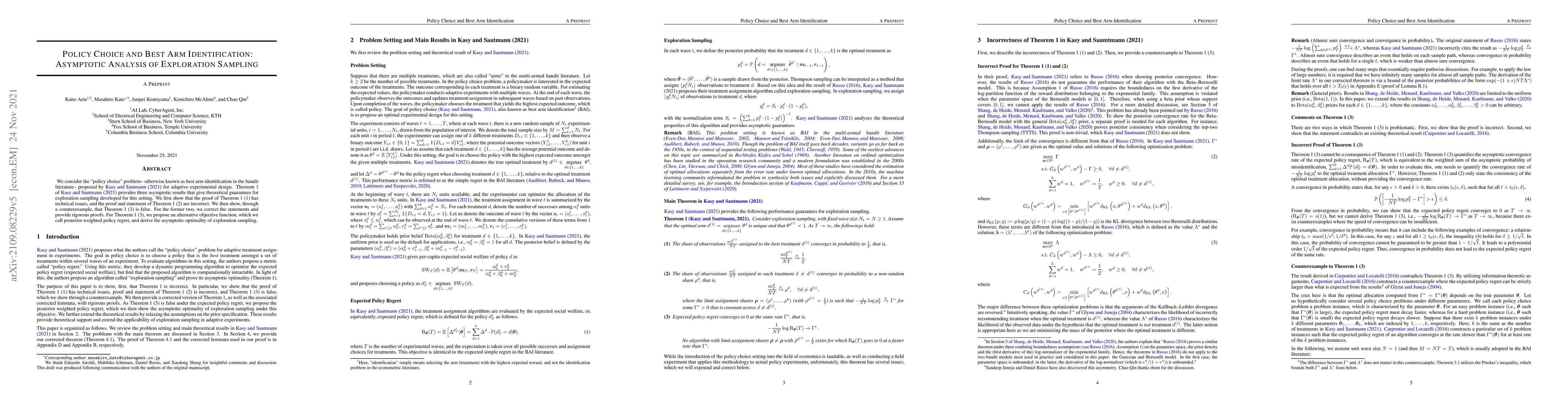 Thumbnail for Policy Choice and Best Arm Identification: Asymptotic Analysis of
  Exploration Sampling